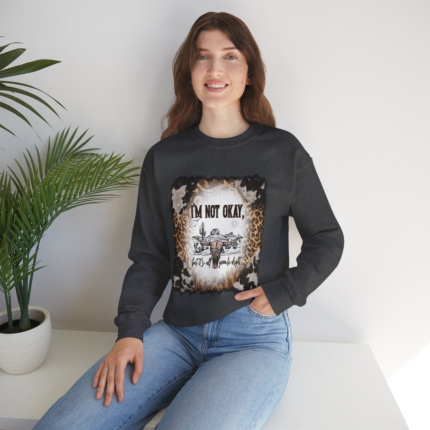 I'm Not OK cow print Heavy Blend™ Crewneck Sweatshirt Front and Back