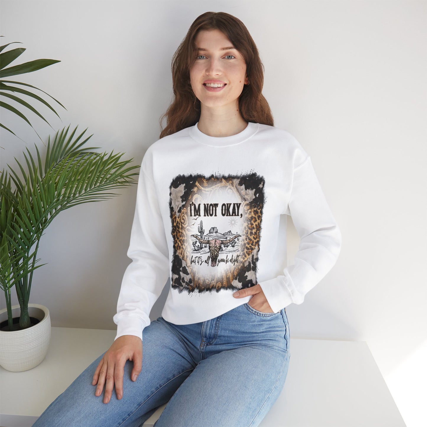 I'm Not OK cow print Heavy Blend™ Crewneck Sweatshirt Front and Back