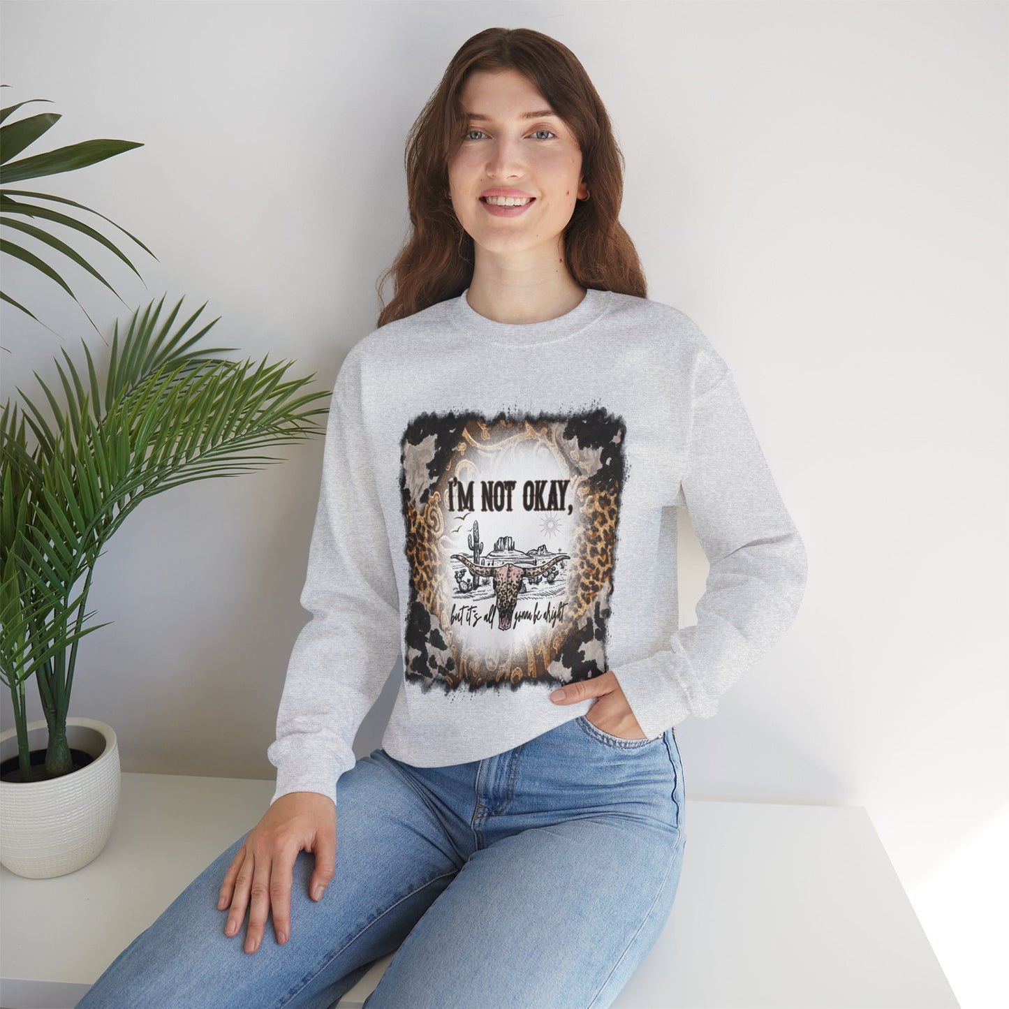 I'm Not OK cow print Heavy Blend™ Crewneck Sweatshirt Front and Back