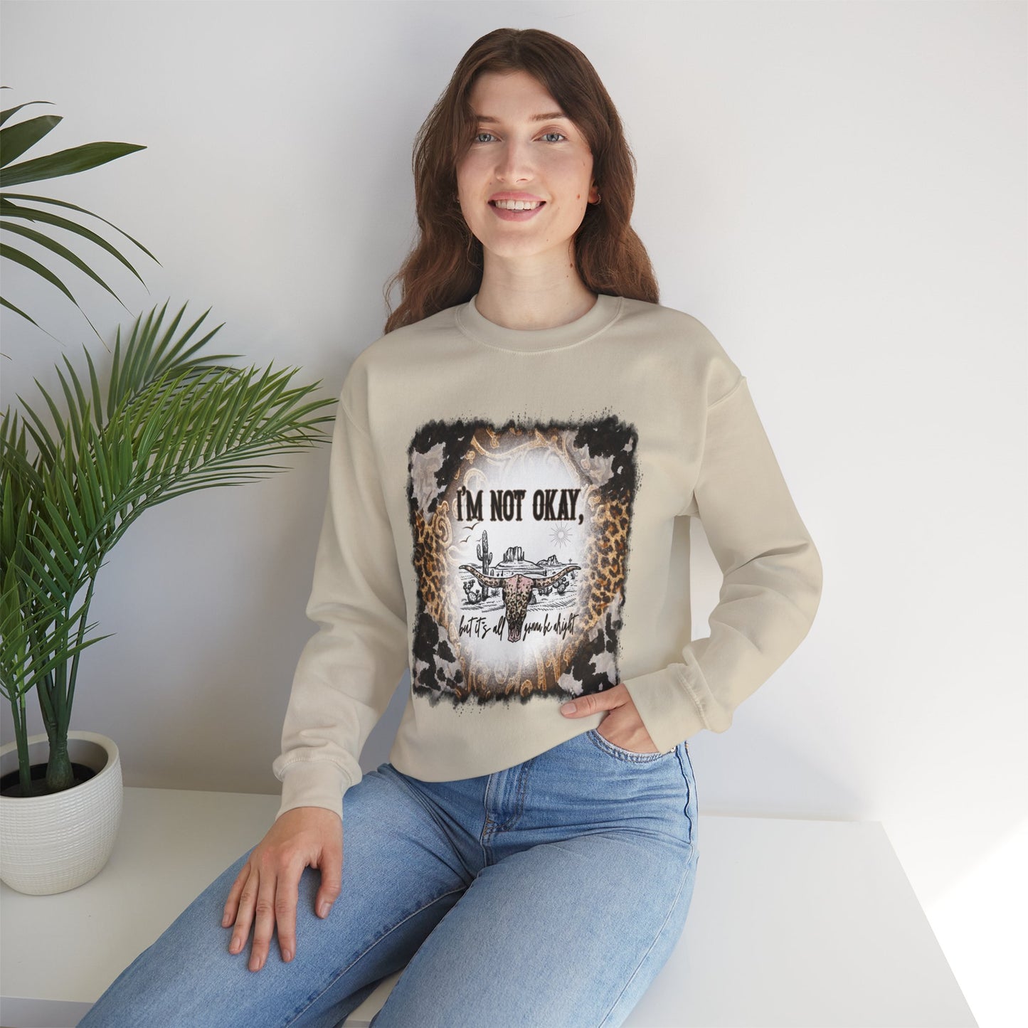 I'm Not OK cow print Heavy Blend™ Crewneck Sweatshirt Front and Back