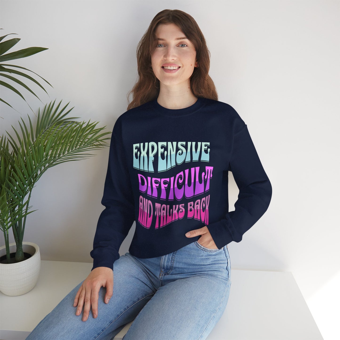 Expensive Difficult Talks Back Heavy Blend™ Crewneck Sweatshirt Front and Back