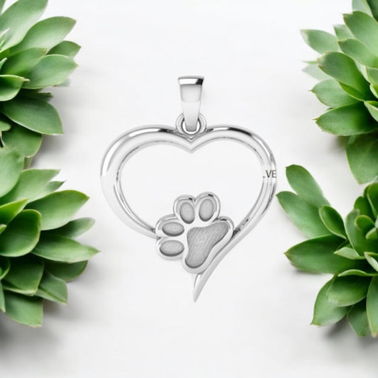 Paw Print Heart Heart Sterling Silver Necklace