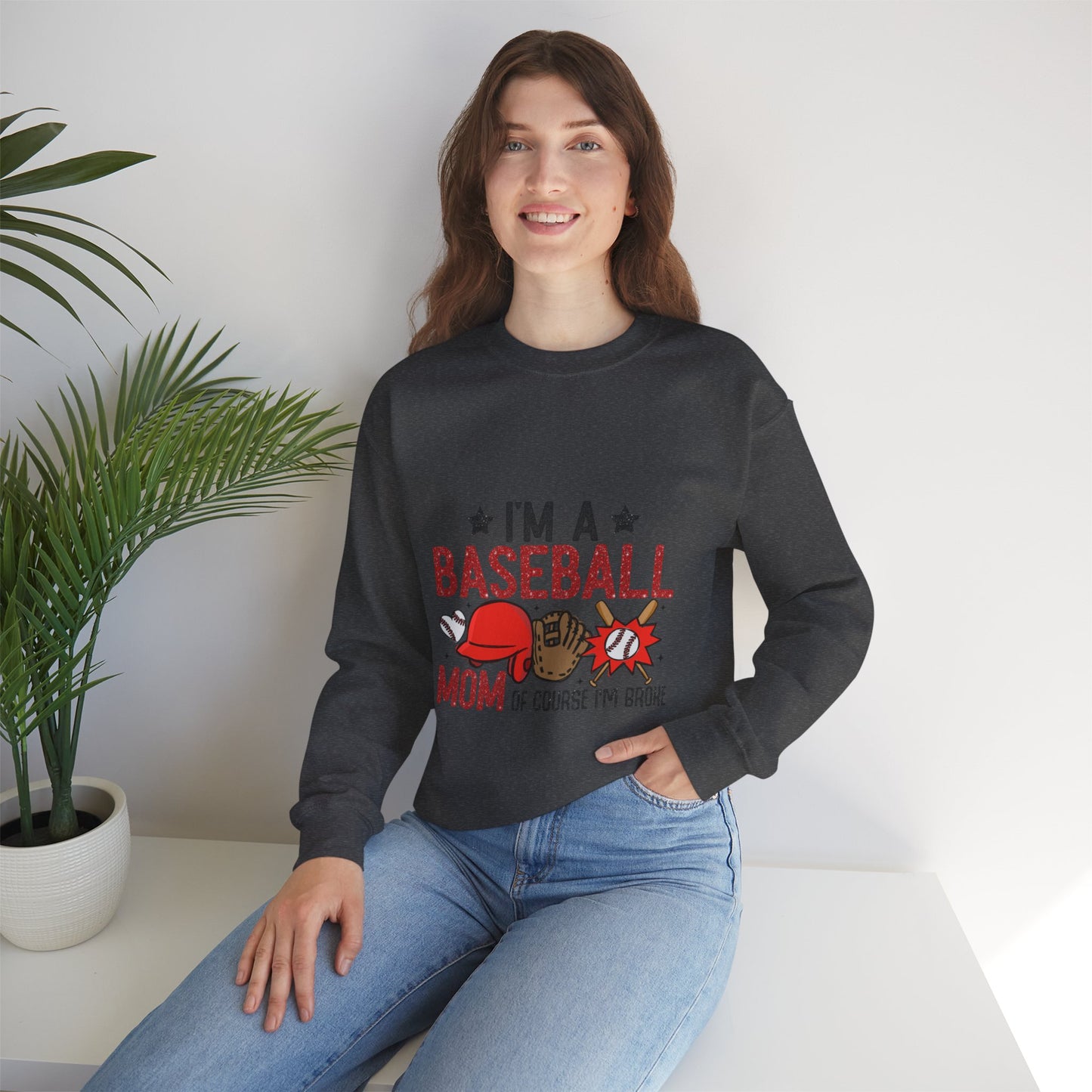 I'm A Baseball Mom Heavy Blend™ Crewneck Sweatshirt Front and Back