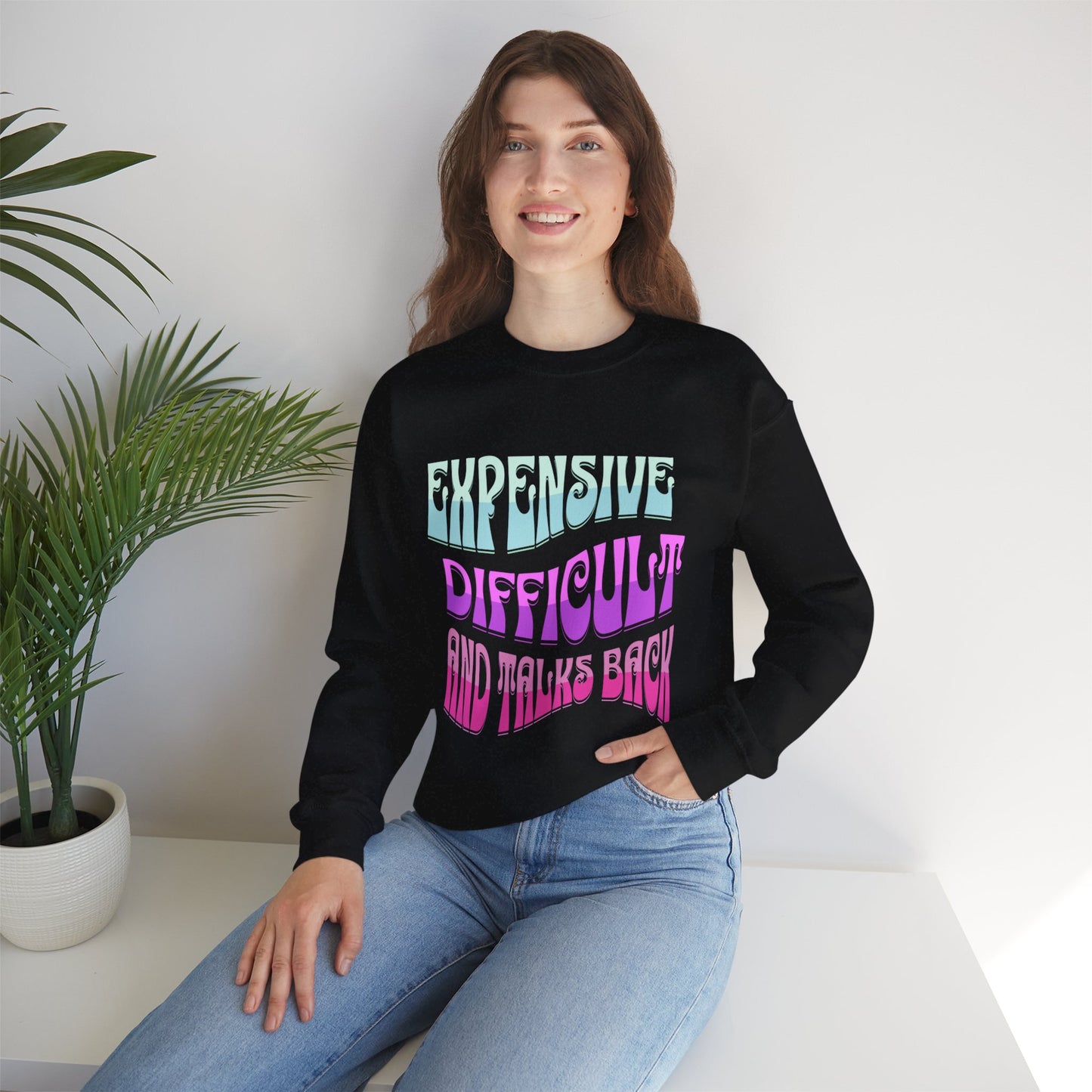 Expensive Difficult Talks Back Heavy Blend™ Crewneck Sweatshirt Front and Back