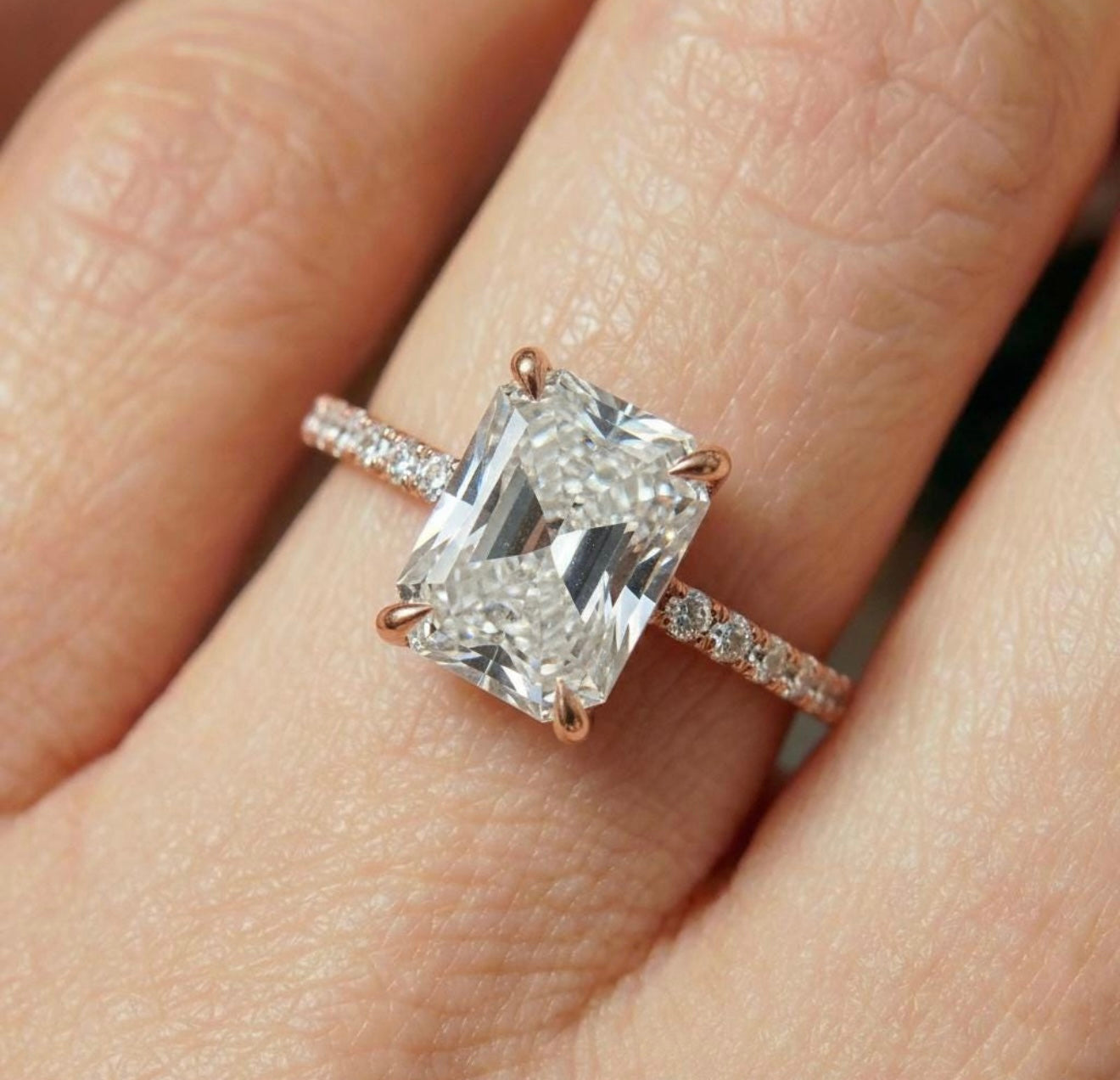 Emerald Cut Cubic Zirconia Hidden Halo Behind the Stone Ring