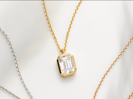 Bezel Set Emerald Cut Elongated Behind the Stone Necklace