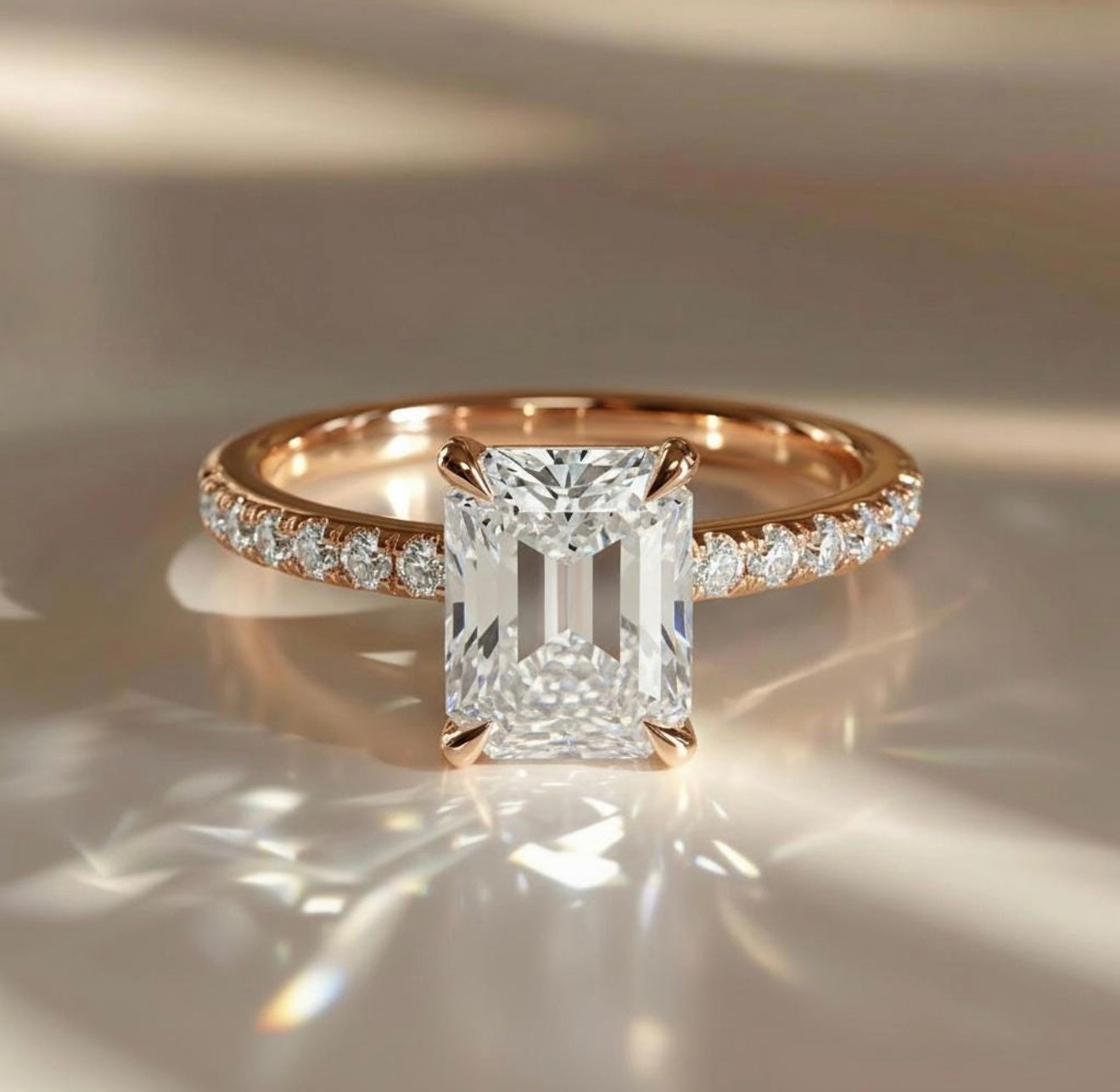 Emerald Cut Cubic Zirconia Hidden Halo Behind the Stone Ring