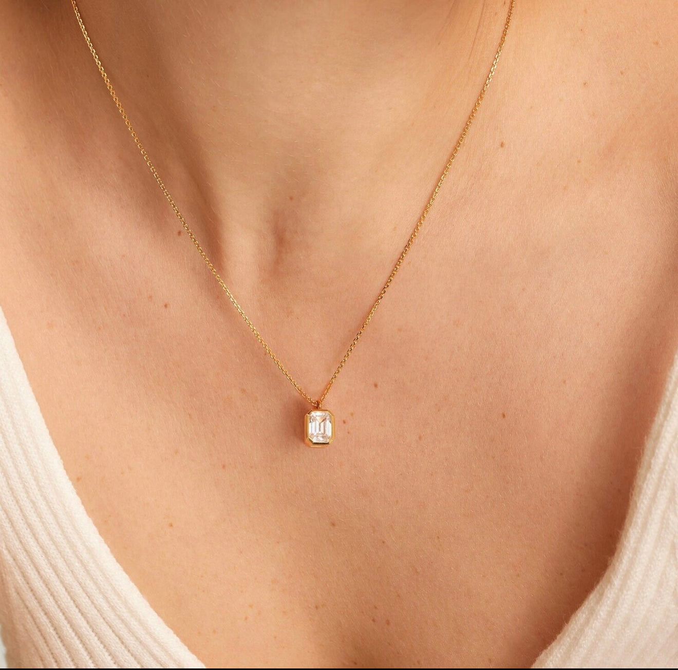 Bezel Set Emerald Cut Elongated Behind the Stone Necklace