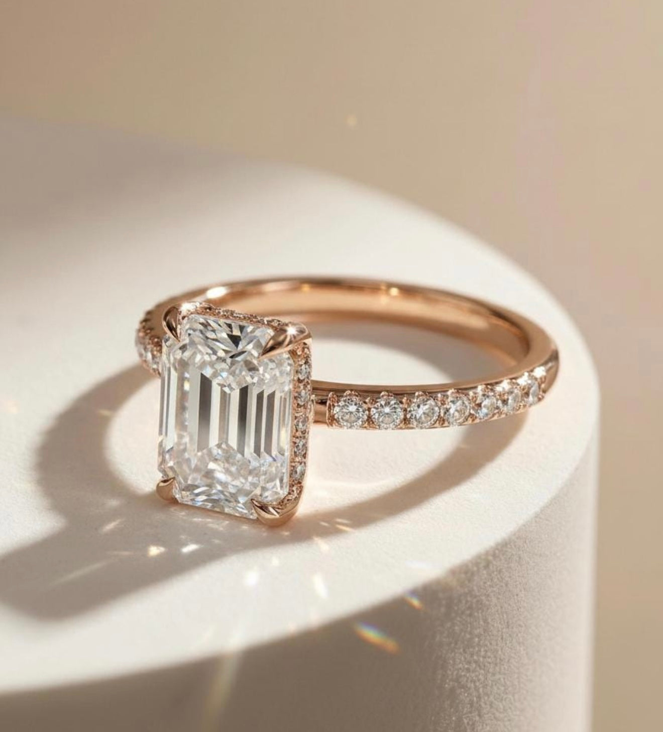 Emerald Cut Cubic Zirconia Hidden Halo Behind the Stone Ring
