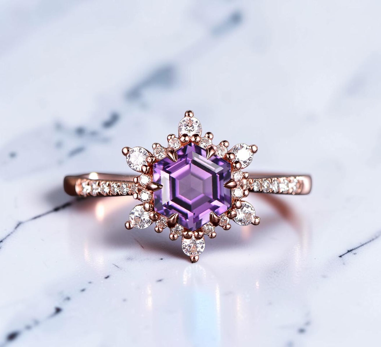 Hexagon Birthstone Behind the Stone Ring